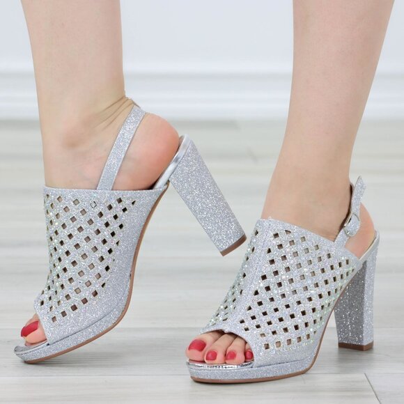 Sparkly Rhinestone Glitter Silver Platform High Heels Open Toe Party Shoes - Picture 1 of 14